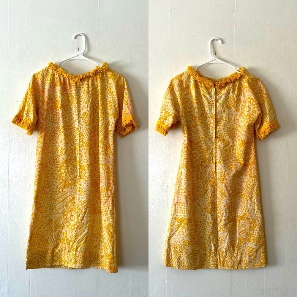Vintage Patty Woodard California Yellow Tassel Abstract Mini Dress - Picture 1 of 6